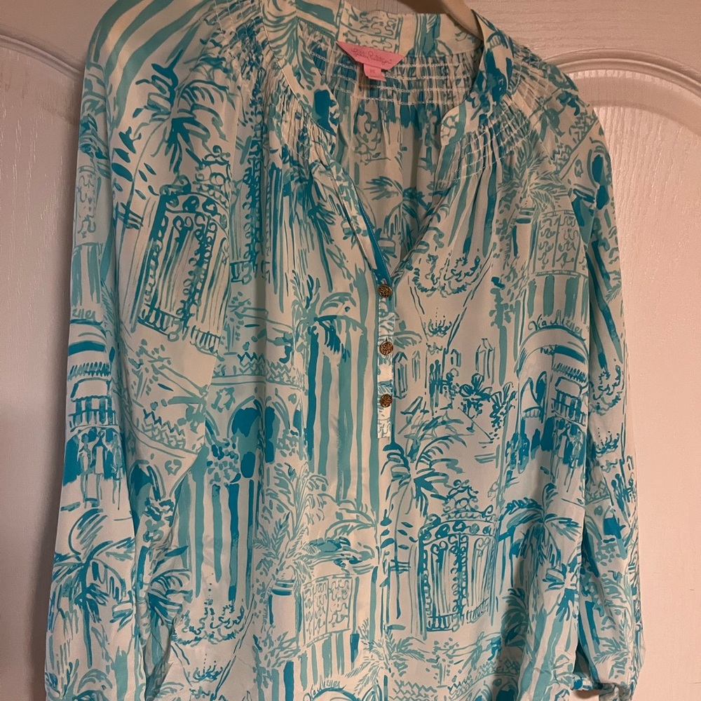 Lilly Pulitzer Elsa Silk Top Blue white, Size XS